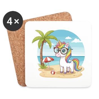 Vacances d’été à la plage avec une licorne mignonne avec des lunettes - Dessous de verre (lot de 4) - blanc - Devant