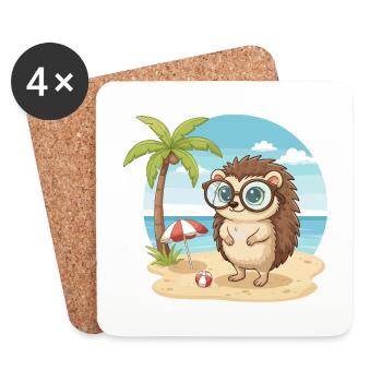 Cute Hedgehog with Glasses Beach Summer Vacation - Coasters (set of 4) - white - Front