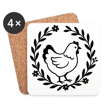 Poulet dans une couronne de fleurs – motif de maison de campagne - Dessous de verre (lot de 4) - blanc - Devant