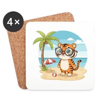 Tigre mignon avec des lunettes vacances d’été sur la plage - Dessous de verre (lot de 4) - blanc - Devant