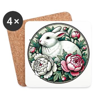 White Rabbit in Floral Peony Circle - Coasters (set of 4) - white - Front