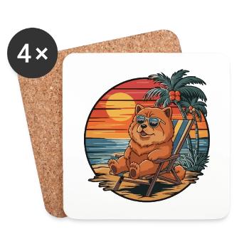 Funny Chow Chow Dog on Beach Summer Sunset - Coasters (set of 4) - white - Front