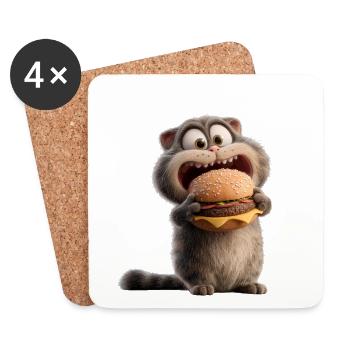 Cat with Burger Hungry Funny Food Bowl Animal - Coasters (set of 4) - white - Front