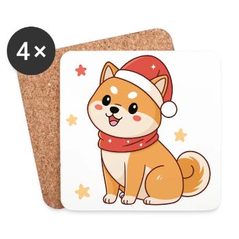 Kawaii Weihnachts-Shiba mit rotem Hut - Untersetzer (4er-Set) - Weiß - Vorne