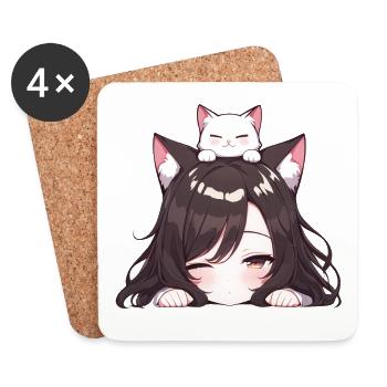 Fille Anime avec Chat Neko Girl - Dessous de verre (lot de 4) - blanc - Devant