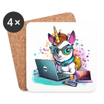 Licorne d’ordinateur portable avec lunettes et paillettes - Dessous de verre (lot de 4) - blanc - Devant