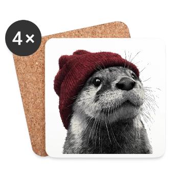 Otter mit roter Mütze – Winter Tier Illustration - Untersetzer (4er-Set) - Weiß - Vorne