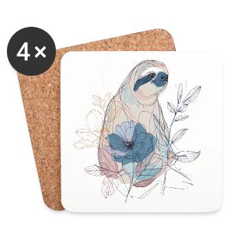 Paresseux linéaire avec fleur bleue – Style Bohème - Dessous de verre (lot de 4) - blanc - Devant