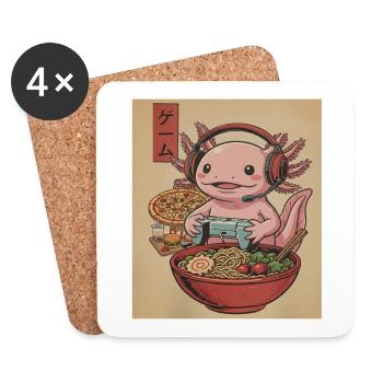 Kawaii Japon gamer axolotl mange ramen pizza anime - Dessous de verre (lot de 4) - blanc - Devant