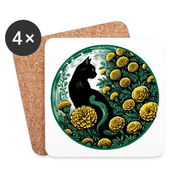 Mitternachtskatze zwischen goldenen Ringelblumen - Untersetzer (4er-Set) - Weiß - Vorne