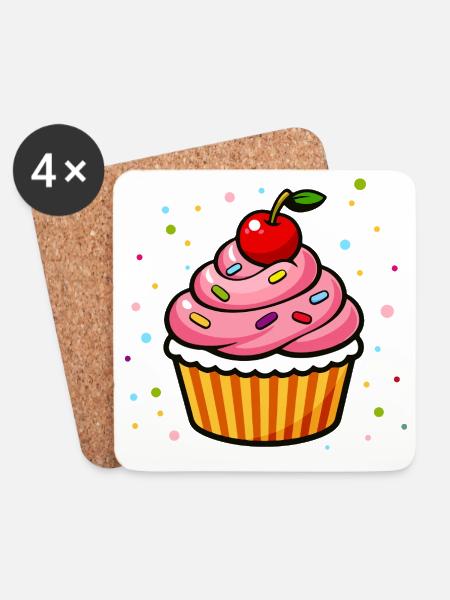Bunter Cupcake mit Kirsche im Cartoon Stil - Untersetzer (4er-Set) - Weiß