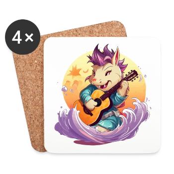 Dragon kawaï avec guitare au bord de la mer - Dessous de verre (lot de 4) - blanc - Devant