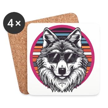Loup avec des lunettes de soleil rayées rétro - Dessous de verre (lot de 4) - blanc - Devant