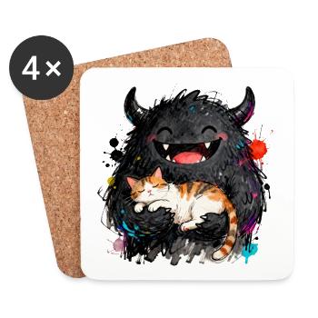 Cuddly laughing monster with cat in his arms - Coasters (set of 4) - white - Front