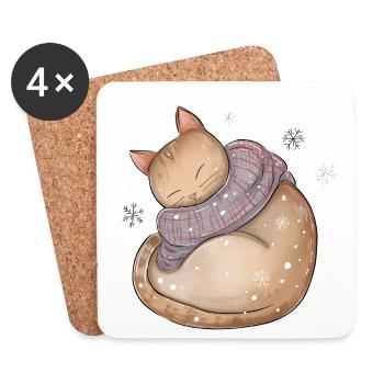 Weihnachtskatzenhemd Cozy Sleepy Cat Winter - Untersetzer (4er-Set) - Weiß - Vorne