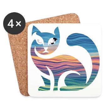 Silhouette colorée de chat avec coucher de soleil et - Dessous de verre (lot de 4) - blanc - Devant