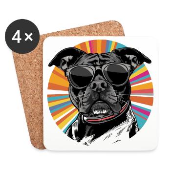 Chien avec lunettes de soleil Écusson rétro - Dessous de verre (lot de 4) - blanc - Devant