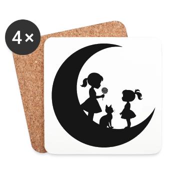 Mädchen Blume Katze auf dem Mond Silhouette - Untersetzer (4er-Set) - Weiß - Vorne