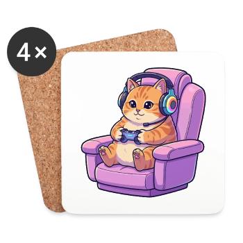 Cute Gamer Cat Headset Gaming Chair Art - Coasters (set of 4) - white - Front
