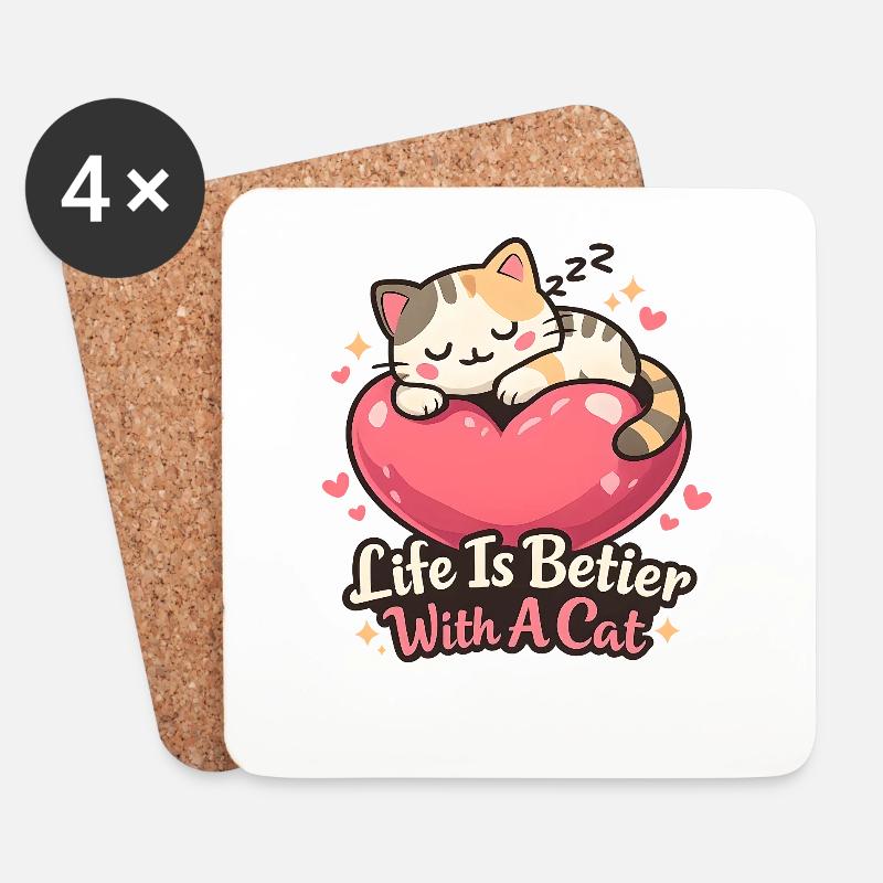 Life Is Better With A Cat Motiv - Untersetzer (4er-Set) - Weiß