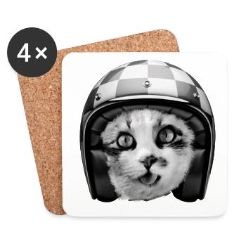 Biker Cat Racing Helmet - Funny Pet Humor - Coasters (set of 4) - white - Front