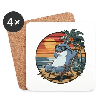 Dauphin drôle sur la plage Coucher de soleil des vacances d’été - Dessous de verre (lot de 4) - blanc - Devant