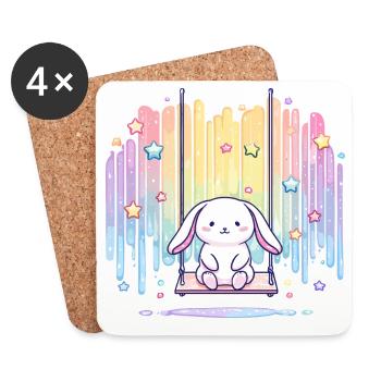 Lapin pastel sur un arc-en-ciel de balançoire - Dessous de verre (lot de 4) - blanc - Devant
