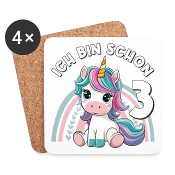 3e anniversaire licorne arc-en-ciel mignonne - Dessous de verre (lot de 4) - blanc - Devant