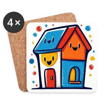 Buntes Haus-Trio mit lachenden Gesichtern - Untersetzer (4er-Set) - Weiß - Vorne
