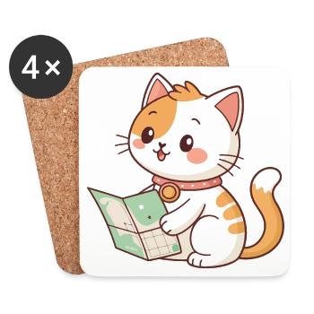 Chat explorateur et carte - Dessous de verre (lot de 4) - blanc - Devant