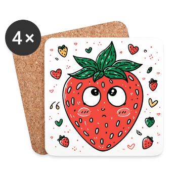 Kawaii Erdbeere mit neugierigen Augen - Untersetzer (4er-Set) - Weiß - Vorne