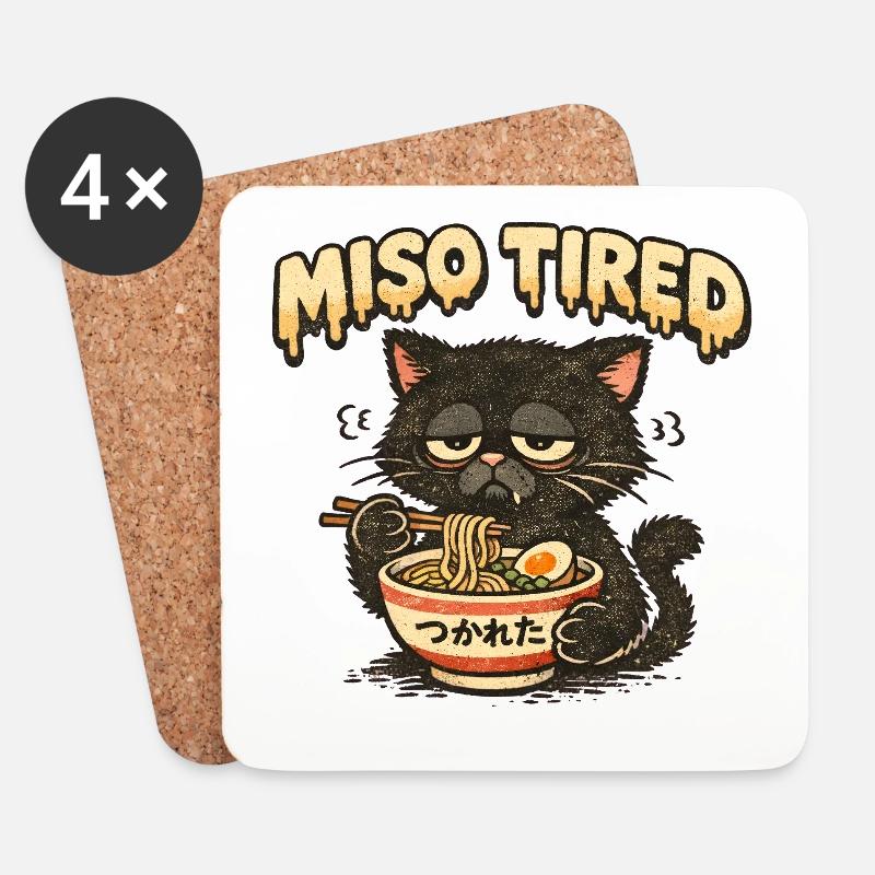 Miso Tired – Müde Katze isst Ramen - Untersetzer (4er-Set) - Weiß