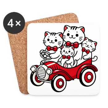 Cat Family in Vintage Red Car - Coasters (set of 4) - white - Front