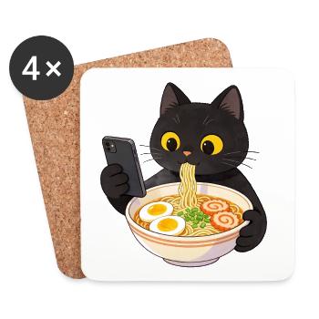 Chat noir avec smartphone et nouilles ramen - Dessous de verre (lot de 4) - blanc - Devant