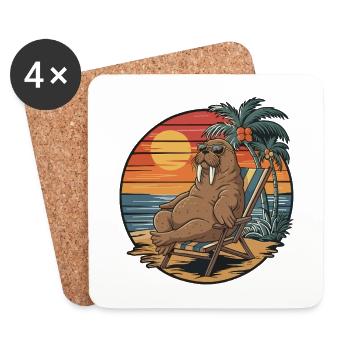 Morse drôle sur la plage Coucher de soleil des vacances d’été - Dessous de verre (lot de 4) - blanc - Devant