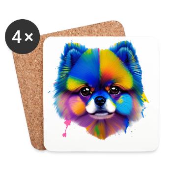Portrait coloré d’éclaboussures de chien poméranien - Dessous de verre (lot de 4) - blanc - Devant