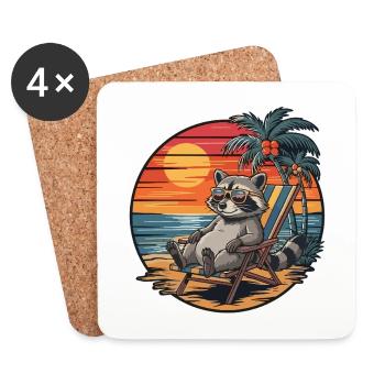 Funny Raccoon on Beach Summer Vacation Sunset - Coasters (set of 4) - white - Front