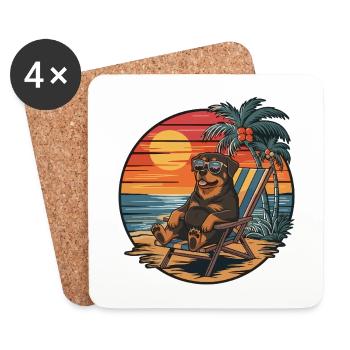 Funny Rottweiler Dog on Beach Summer Sunset - Coasters (set of 4) - white - Front