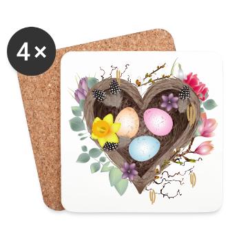 Nid en forme de cœur avec des œufs de Pâques colorés - Dessous de verre (lot de 4) - blanc - Devant