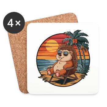Funny Hedgehog on Beach Summer Vacation Sunset - Coasters (set of 4) - white - Front