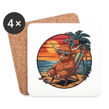 Vache des Highlands drôle sur le coucher de soleil des vacances d’été à la plage - Dessous de verre (lot de 4) - blanc - Devant