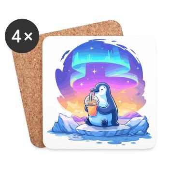 Aurora-Pinguin mit Getränk - Untersetzer (4er-Set) - Weiß - Vorne