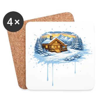 Winter mountain hut in the snow – Alpine winter idyll - Coasters (set of 4) - white - Front