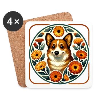 Corgi Floral Circle Folk Art - Coasters (set of 4) - white - Front