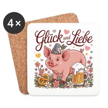 Glück und Liebe Schwein mit Bier - Untersetzer (4er-Set) - Weiß - Vorne