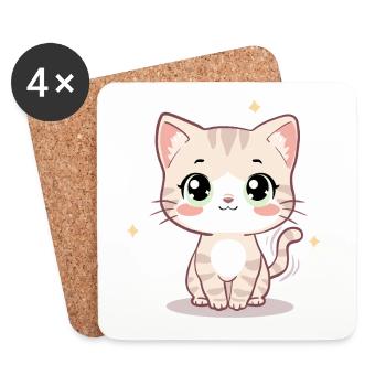 Illustration mignonne de chat Kawaii - Chaton Chibi - Dessous de verre (lot de 4) - blanc - Devant