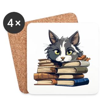 Bücherstapel Katze Bibliophile - Untersetzer (4er-Set) - Weiß - Vorne