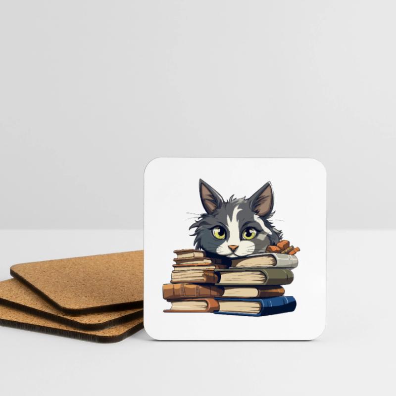 Book Stack Cat Bibliophile Coasters (set of 4)