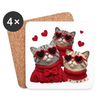 Valentins Katzen Mit Herzbrillen Und Pullis - Untersetzer (4er-Set) - Weiß - Vorne