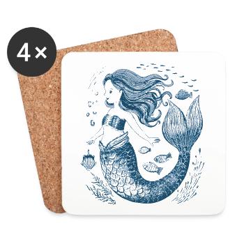 Blue Mermaid in Vintage Lineart Style - Coasters (set of 4) - white - Front